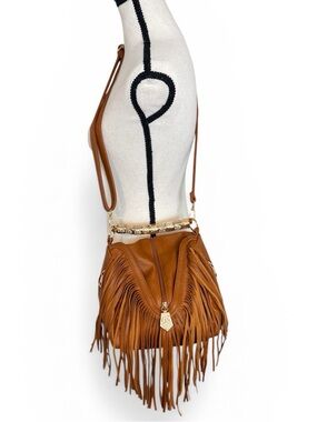 Boho Fringe Crossbody Bag Cognac Brown Western Festival Saddle Purse NWOT